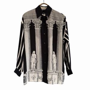 Vintage Silk Blouse, Ancient Rome Italian Print, Black & White, Ellen Tracy